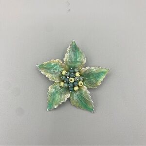 Vintage Liz Claiborne Green Enamel Flower Brooch Pin  With Beaded Center